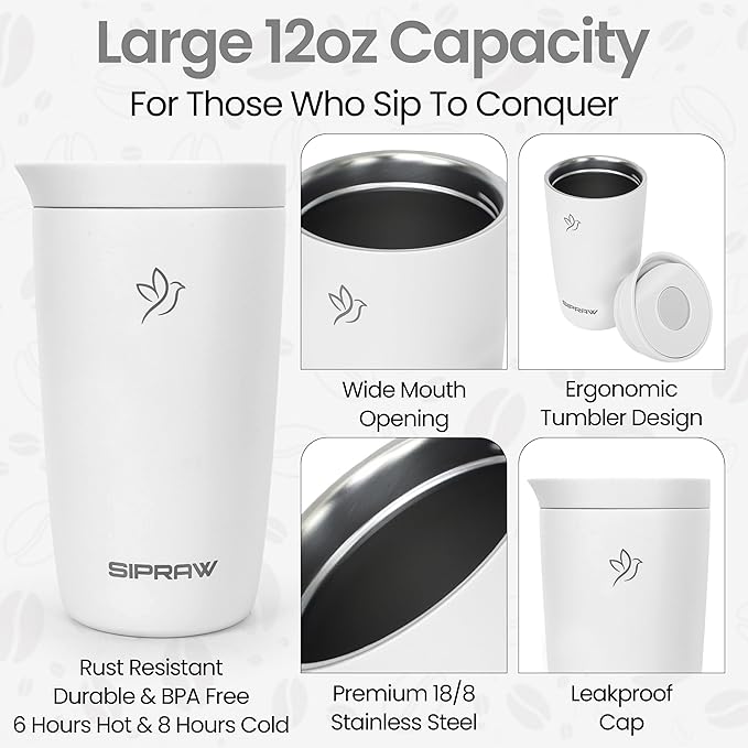 Travel Coffee Mug Tumbler, Reusable Iced Coffee Hot Coffee Cup, Double Wall Insulated Thermal Stainless Steel Material, Gift for Women Men, Perfect for Camping Travelling, 12 oz, White smoke