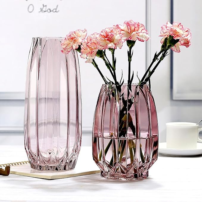 Purple Pink Ribbed Glass Vase for Flowers and Candles - Modern Centerpiece (H12.0 inch)