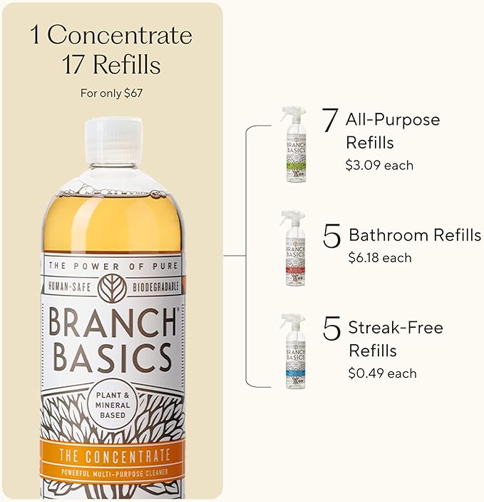 Branch Basics Cleaning Essentials Kit: All Purpose, Glass and Bathroom Cleaner - Concentrate (33.8 Oz) (17 Refills) + Refillable Plastic Spray Bottles (24 Oz) Plant Based, Human-Safe, & Fragrance Free