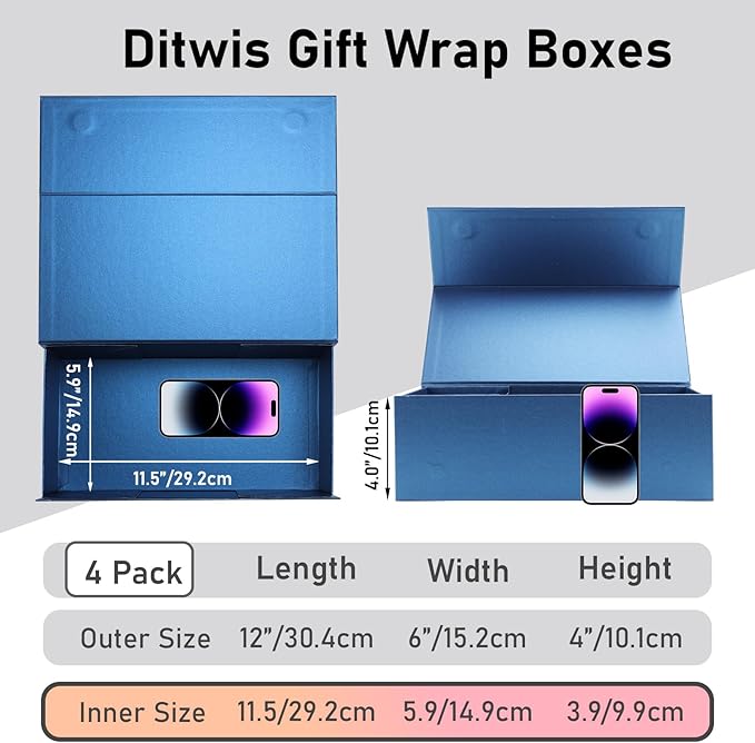 Ditwis 4 Pack 12x6x4 Inches Gift Boxes with Magnetic Closure Lids, Blue Magnetic Box for Wedding, Groomsmen Bridesmaid Proposal, Birthdays, Mother's Day
