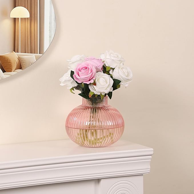 Pink Glass Vase for Flowers, Ribbed Glass Vase, Round Flower Vases for Tulips, Short Vases for Living Room, Office, Coffee Table, Shelf, Wedding, 6 Inches