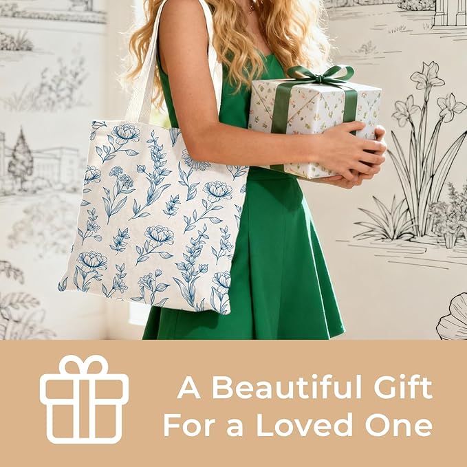 Cute Aesthetic Canvas Tote Bag for Women, Reusable Foldable Shopping Cotton Shoulder Totebag with Zipper Pocket