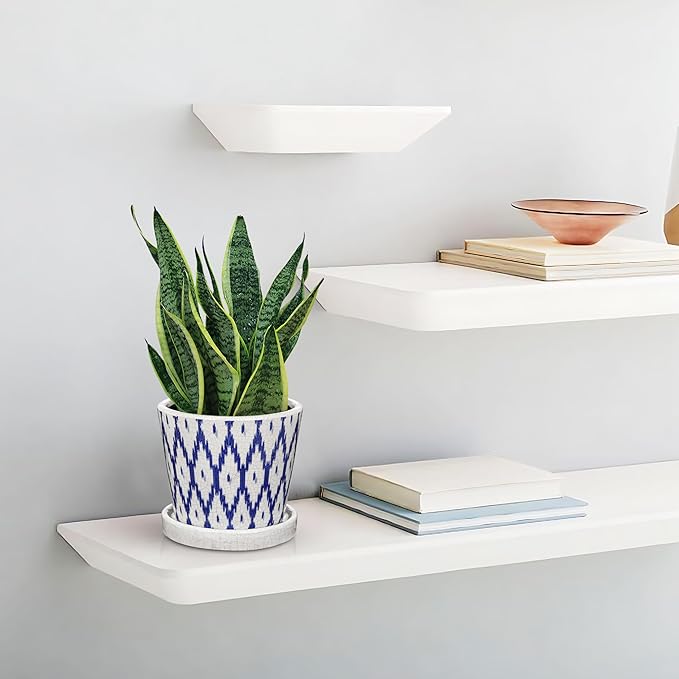 Plant Pots 5.5 Inch, Ceramic Planter with Drainage Hole and Saucer for Indoor Plants, Ice Crack Diamond Pattern Vintage Garden Pots for Succulent Orchid Snake Plants Flower (Blue)