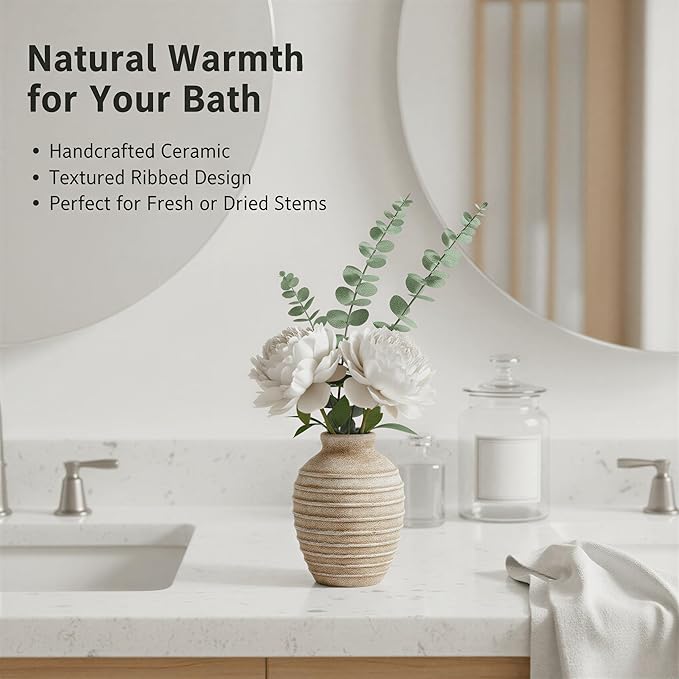 6.6-Inch Terracotta Ceramic Flower Vase, Rustic Farmhouse Boho Pottery Centerpiece for Table, Living Room & Shelf