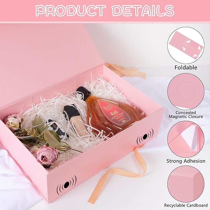 RayofSun Pink Gift Boxes with Magnetic Lids for Presents Large Rectangle Collapsible Decorative Boxes 13.7x9x4.3inch, Bridesmaid Groomsmen Proposal Box for Wedding, Christmas, Birthday(3PC)