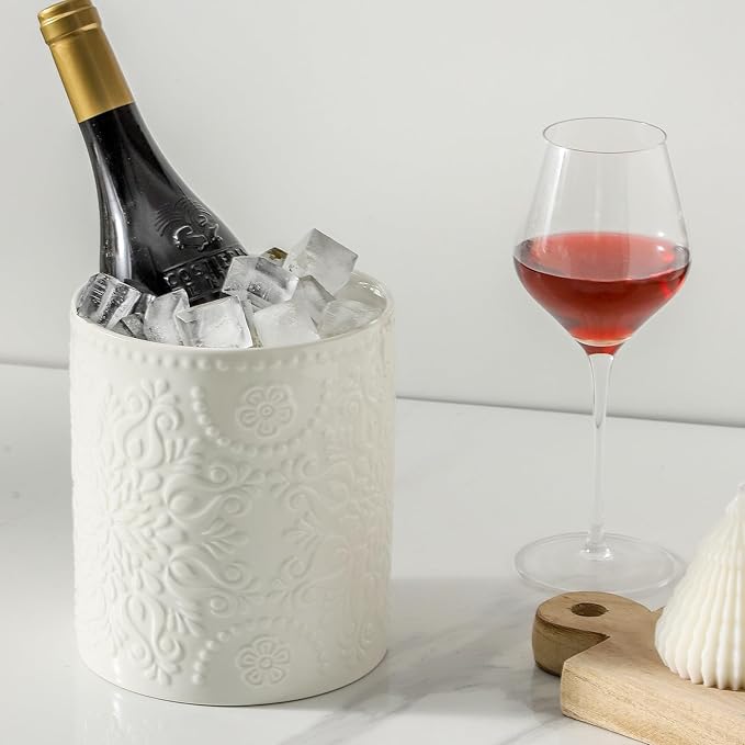 7" Relief Utensil Holder, Large Kitchen Utensil Holder Organizer , White Stable Utensil Crock Spatula Holder for Kitchen Counter Countertop Farmhouse Cooking Tools Holder with Bamboo Frame