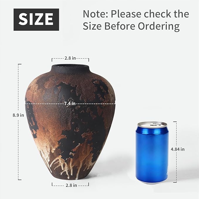 Rustic Vase for Flowers, 8.9'' Brown Farmhouse Ceramic Vases for Home Decor, Minimalist Decorative Vase for Living Room, Entryway, Shelf, Premium Pottery Clay Table Centerpiece Decor.
