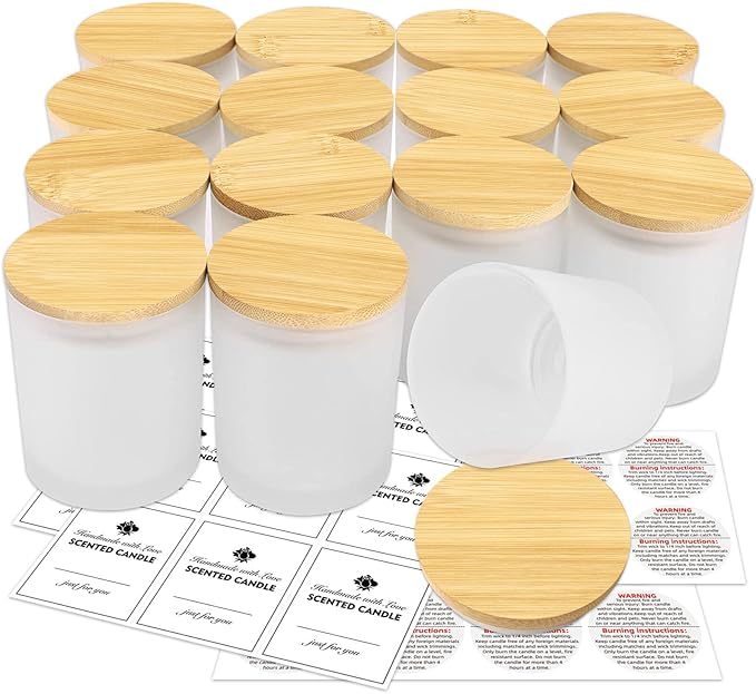 15 Pack Empty Candle Jars, 7oz Frosted Glass Jars with Bamboo Lids Candle Containers in Bulk for Making Candles, Stickers and Labels Included