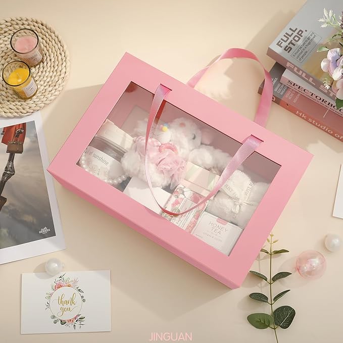 Large Pink Clear Gift Boxes, 13.5x9x4.1 Inches Gift Boxes with Windows by Handles, Bridesmaid Proposal Boxes, Collapsible Gift Boxes with Magnetic Closure (Glossy Pink, 5 Pack)