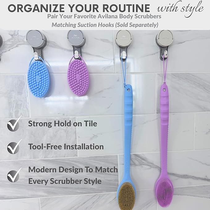 Long Handle Back Scrubber for Shower - 19 inch Extended Reach Silicone Body Brush - Avilana Bath Scrubber Extended Reach Tool - Easy Grip Body Wash Brush Gift