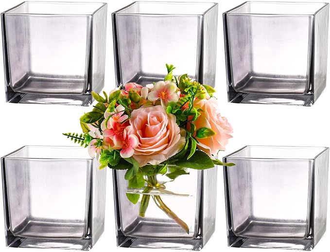Square Glass Vases Set of 6, 4" x 4" x 4" Square Flower Vases for Centerpieces, Grey Vase for Flowers, Small Vase for Wedding, Party, Home Office Decoration