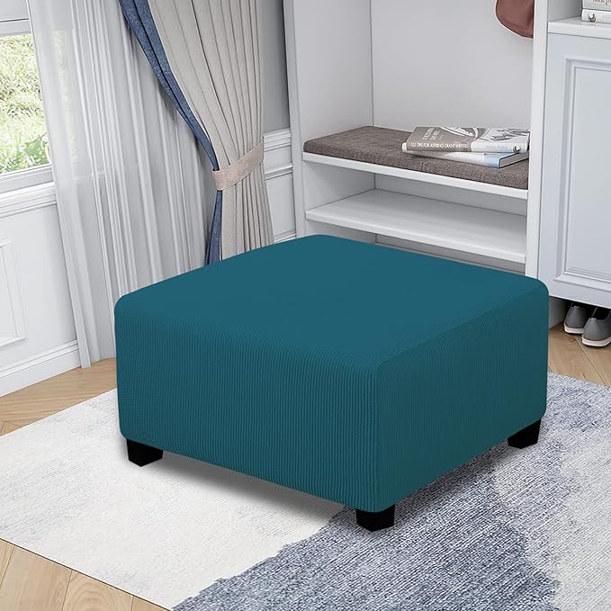 Easy-Going Stretch Square Ottoman Cover Folding Storage Stool Furniture Protector Soft Slipcover with Elastic Bottom (30x30x15inch, Peacock Blue)