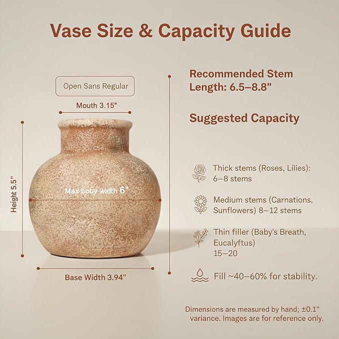 Ceramic Flower Vase, 5.5-Inch Terracotta Pottery Rustic Farmhouse Boho Vase, Handcrafted Decorative Vase for Home Decor, Centerpieces, Table, Living Room, Mantel, Shelf