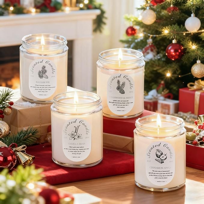 Winter Candle Gift Set, 4 Pack 28oz Soy Wax Scented Candles for Home – Cinnamon Apple, Balsam Fir, Vanilla Bean, Cedarwood & Amber – Cozy Aromatherapy Candles for Christmas, Holiday & Home Decor Gifts