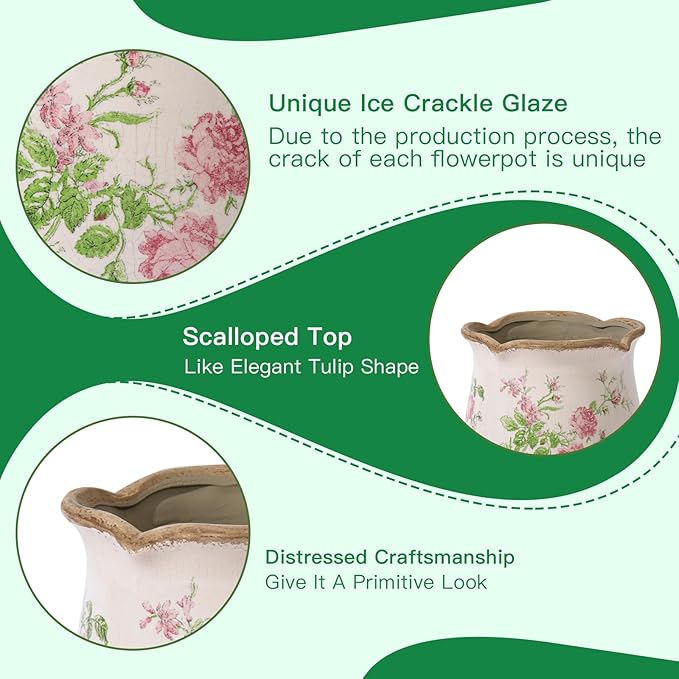 Ceramic-Planters-for-Indoor-Plants with Saucer, 6 inch Vintage Ice Crack Glaze Plant Pots with Drainage Holes, Decorative Flower Pots for Outdoor Garden Home Decor, Tuscan Pot for Plant