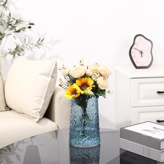 Blue Glass Vase, Flower Vases for Bouquet, Modern Glass Vase for Flowers, Large Vases for Living Room, Bedroom, Kitchen, Office, Wedding, Dining Table, 8 Inches