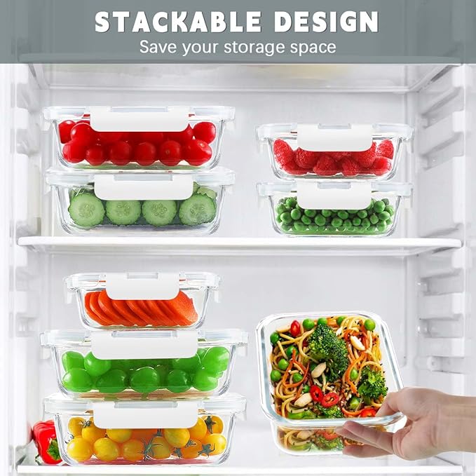 KAMOTA Glass Food Storage Containers, 10 Pack Glass Meal Prep Containers, Airtight Containers with Snap-Lock Lids, 34 oz and 13 oz white Container Set with Lids, for Microwave/Oven/Freezer