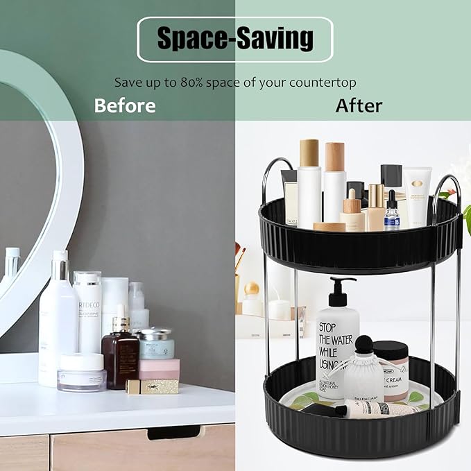 Rotating Makeup Organizer Countertop 2 Tier Lazy Susan Trays Spinning Skincare Perfume Storage for Bathroom Counter Vanity, Black