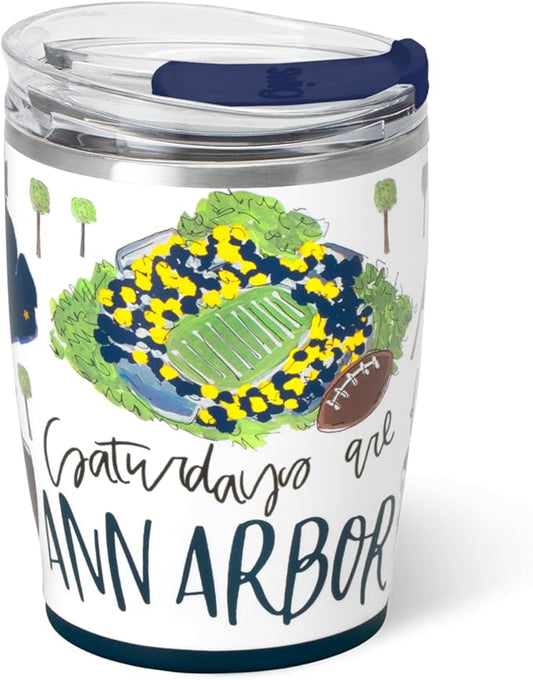 Swig Life 12oz Insulated Tumbler, Travel Coffee Tumbler with Lid, Cup Holder Friendly Travel Coffee Mug, Stainless Steel, 12 oz Reusable Insulated Coffee Mug (Saturdays in Ann Arbor)