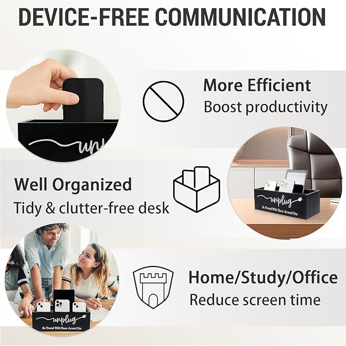 Bamboo Wood Phone Box – Unplug from Phones, Tablets, and Electronics for Study, Meetings, and Family Time, Phone Holder Organizer with Charging Holes, Farmhouse Style, Holds Up to 18 Phones-Black