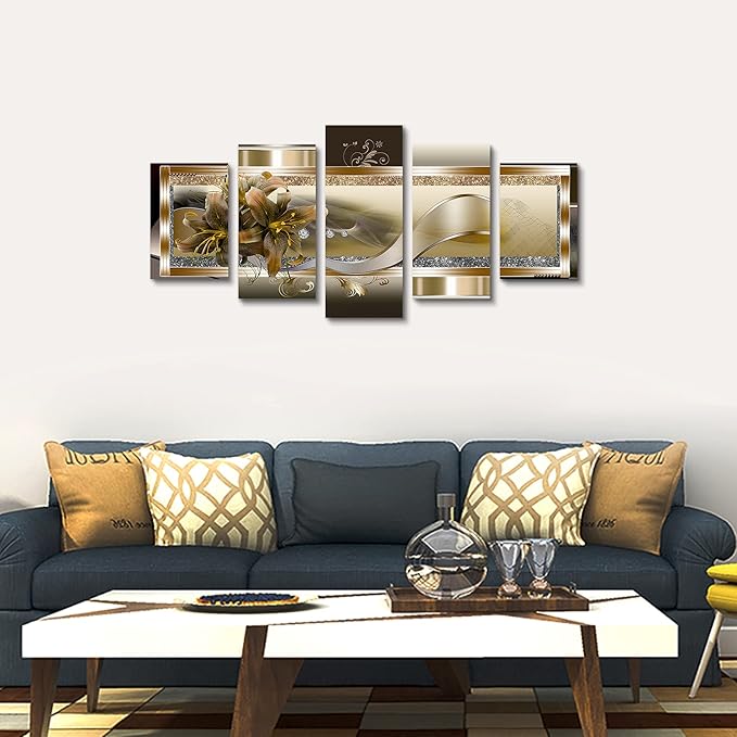 5 Panel Yellow Orchid Flowers Canvas Print - Abstract Golden Floral Wall Decor Poster, 5 pieces Wall Art Painting Decor for Home Decoration Artwork Picture Bedroom Wall Decor (D,Oversize 60x30inch)