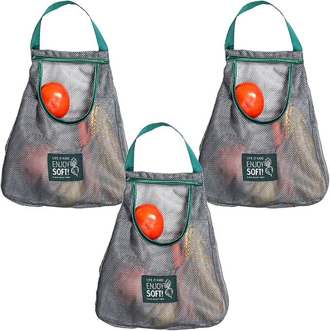 3pcs Reusable Hanging Mesh Produce Bags - Portable, Breathable Net Bags for Fruit, Vegetable, Garlic, Onion, Potatoes - Home, RV, Camper Storage