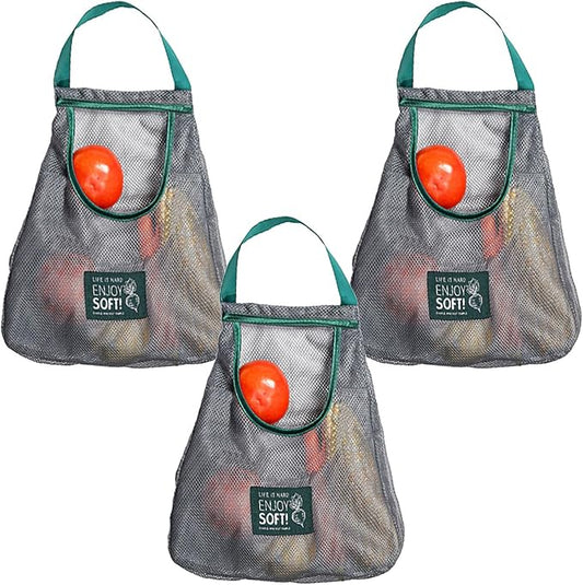 3pcs Reusable Hanging Mesh Produce Bags - Portable, Breathable Net Bags for Fruit, Vegetable, Garlic, Onion, Potatoes - Home, RV, Camper Storage