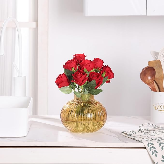 Amber Glass Vase for Tulips, Ribbed Glass Vase for Flowers, Round Flower Vases, Small Short Vases for Living Room, Office, Coffee Table, Shelf, Wedding, 6 Inches