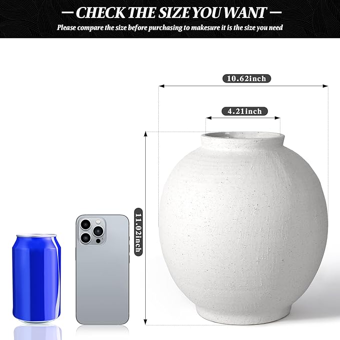 White Ceramic Large Vase - 11 Inch Round Modern Ceramic Vases,Tall Vase for Decor Living Room Table Decor and Festive Home Interiors