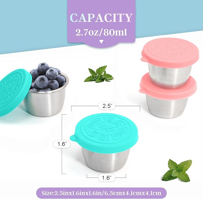 6x2.7 Oz Salad Dressing Container to Go,Handy Leakproof Stainless Steel Meal Prep Containers Reusable,Sauce Containers for Lunch Box, Picnics, Travel, Office and Kitchen Storage