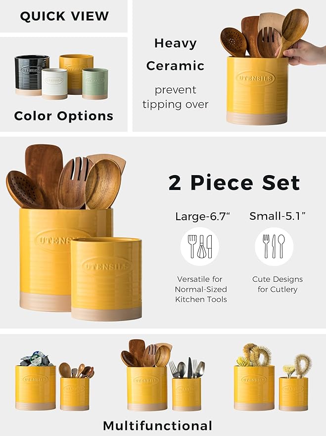 YHOSSEUN Kitchen Utensil Holder Set of 2, Ceramic Utensil Holder for Kitchen Counter, 6.7"+5.1" Cooking Utensil Crocks for Spatula, Oval Opening, Yellow