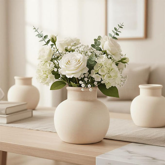 5.5-Inch Off-White Ceramic Flower Vase, Rustic Farmhouse Boho Pottery Decor for Living Room, Table Centerpiece, Mantel & Shelf
