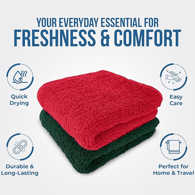 DAN RIVER 100% Cotton Christmas Gift Washcloths 24 Pack Premium Quality Face and Body Cloth, Quick Dry Essential Towels for Bathroom, Hand, Kitchen & Cleaning | 12X12 in | 400 GSM | Red & Green combo