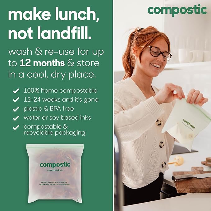 Compostic Home Compostable Resealable Snack Bags (6"x 3.5"), Microwave & Freezer Safe, Organic Food Storage Container, 200 Count