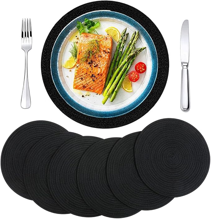 Set of 6 Round Woven Placemats,13.8 inch Cotton Plate Chargers Black Thick Tablemats Braided Tablemats for Dining Rattan Mats Weave Placemats for Table Decoration