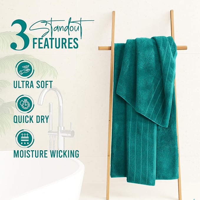 DAN RIVER Bath Towels Set of 4, 30 x 60 Inches, 100% Cotton, Larger & Lighter Weight, Quicker to Dry, Super Soft and Absorbent, Ideal Hotel Towels for Daily Use, Teal