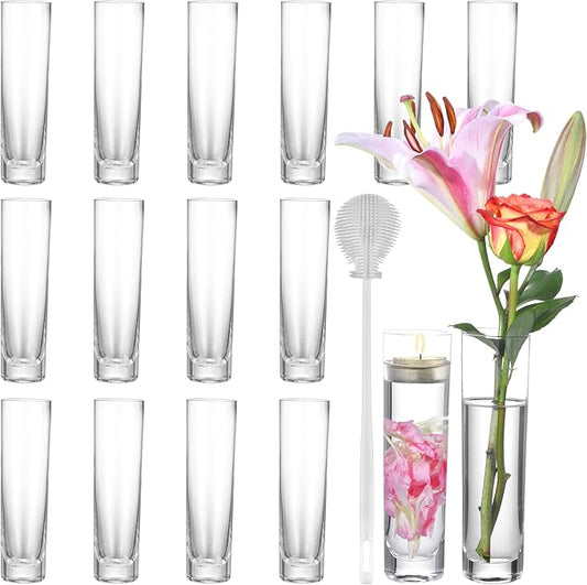 Glass Cylinder Vases for Centerpieces – Set of 16 Handmade Clear Flower Vase 7.48 Inches Tall,Wedding Table Decor for Single Rose Bud Vases,Small Vases Home Decor,Floreros,1 Brush