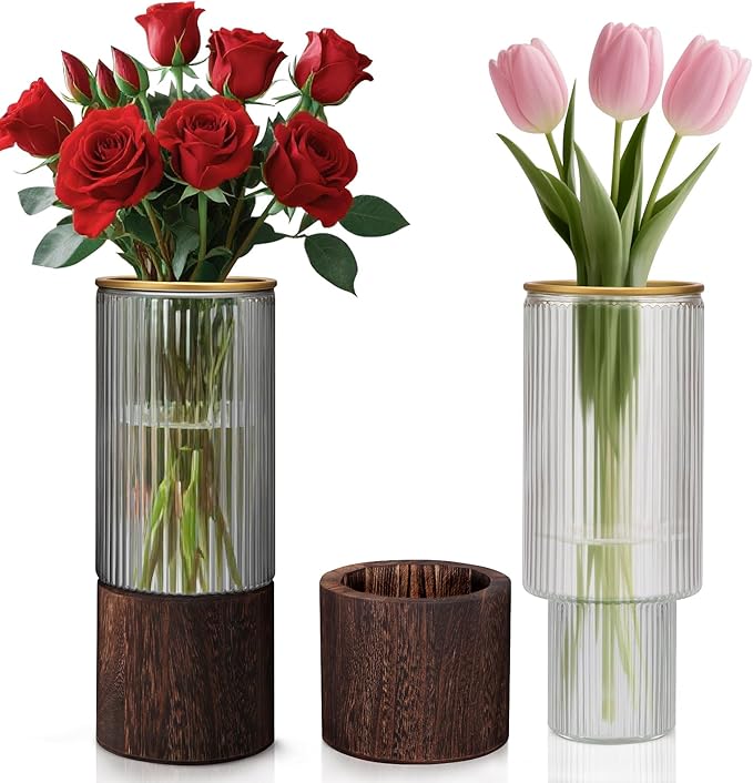 Ribbed Glass Vase Set of 2 Vases for Flowers,10" H Wood Glass Vase with Solid Wooden Base,Rustic Flower Vase for Home Decor,Living Room,Bedroom,Kitchen,Dining Table,Fireplace,Office(Gray & Clear)