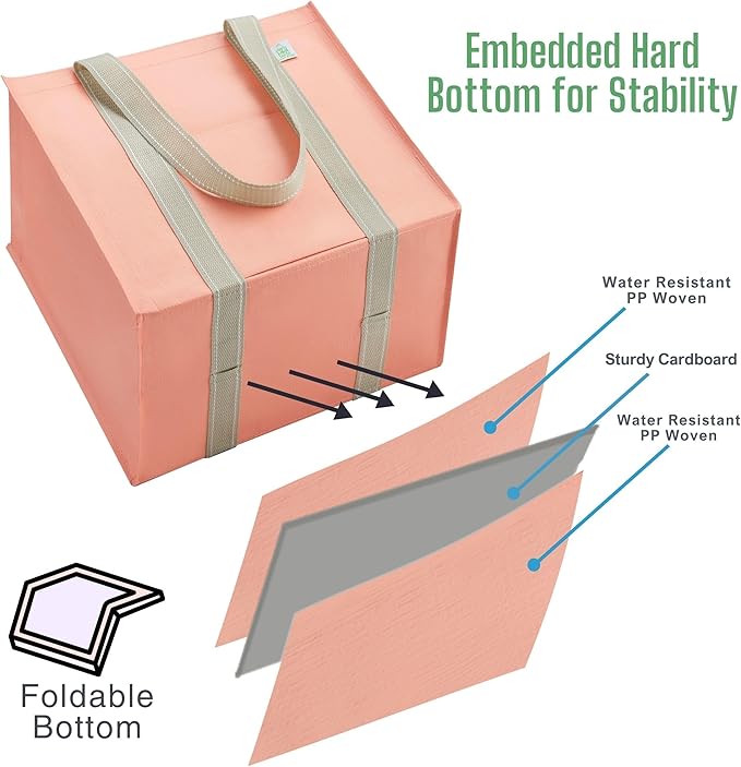 VENO 4 Pack Reusable Grocery Bags, Heavy-Duty Shopping Bags with Handles and Hard Bottom to Stand Upright, Foldable, Multi-Purpose, Sustainable (Peach Pink, 4 Pack)