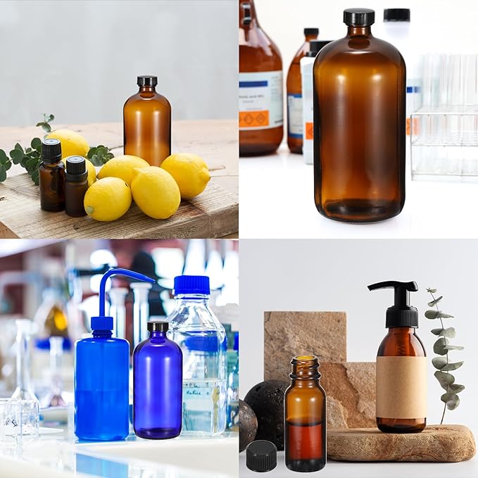 PATIKIL 1oz(30ml) Glass Sample Bottles, 24Pcs Round Bottle Dispensing Bottles with Black Poly Cone Cap for Reagent Liquids, Essential Oils, Perfume, Amber