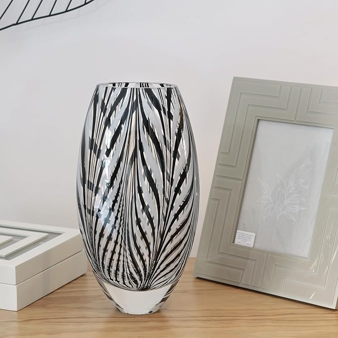 Ca D Oro Murano Style Glass Vase Black and White Feather Pattern Hand Blown Art Glass for Flower, Room Decoration and Centerpiece - Model 54 MS