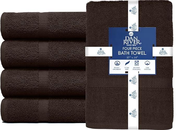 DAN RIVER Bath Towels Set of 4, 27 x 54 Inches, 100% Cotton, Larger & Lighter Weight, Quicker to Dry, Super Soft and Absorbent, Ideal Bathroom Towels for Daily Use, Brown