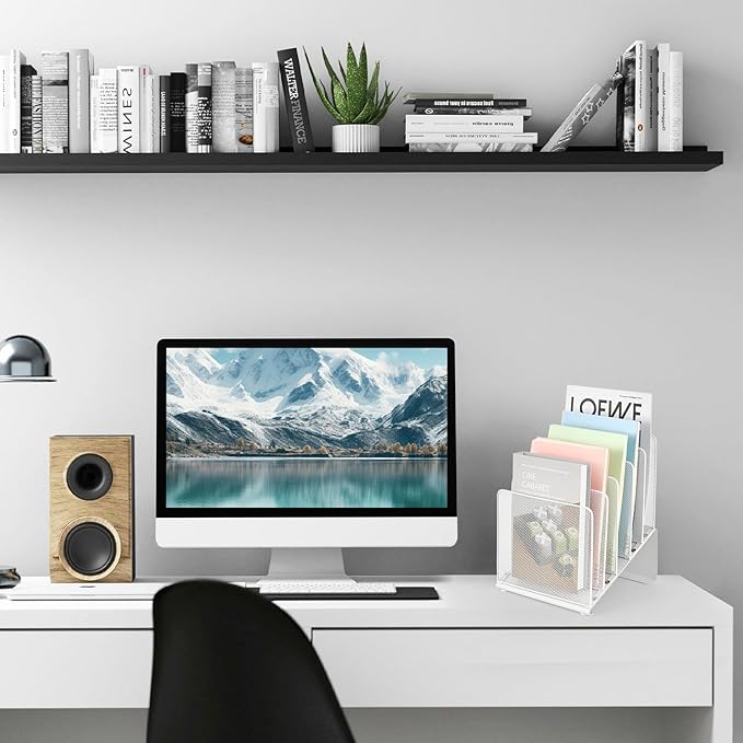 File Organizer for Desk, Desk Organizer with 5-Section Vertical File Rack, File Folder Organizer, Desk Accessories & Workspace Organizers(White)