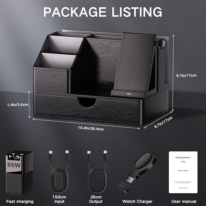 Black PU Leather Multi-Device Charging Station with Drawer - 6-in-1 Desktop Organizer for Phone, iPad, Tablet, Laptop, Watch, Headphones - Electronics Docking Hub & Storage Box for Office Home (Black)