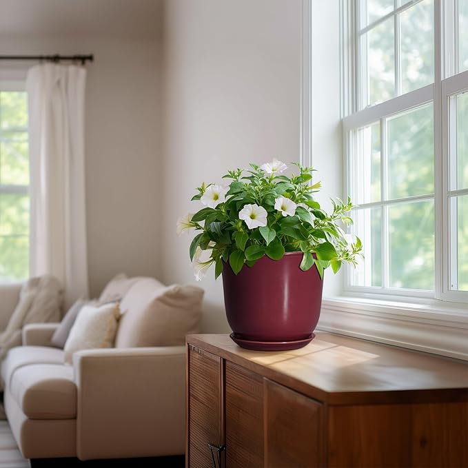 Ceramic Planter - 8 Inch Plant Pot with Drainage Hole and Saucer, Round Planter for Indoor Outdoor, Modern Flower Pots, Porch Garden Home Decor, Gifts for Plant Lovers, Red