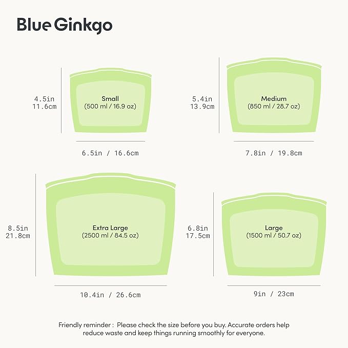 Blue Ginkgo Reusable Silicone Storage Bags – 4-Pack | Korean-Made Stand Up Food, Freezer Bags - Olive Green
