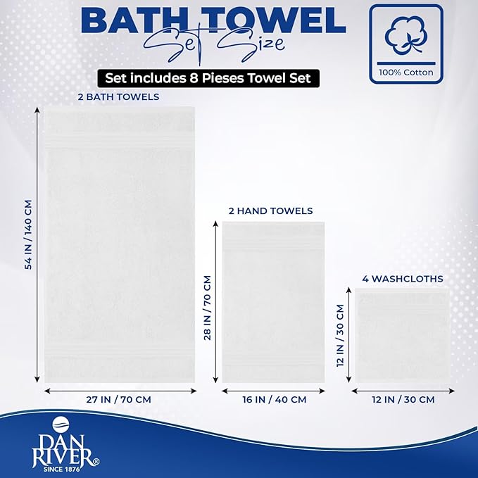 DAN RIVER 8 PC Luxury Bath Towels for Bathroom, 2 Bath, 2 Hand, and 4 Wash Cloths, 600 GSM 100% Ring Spun Cotton Towel Set, Highly Absorbent, Gym, Hotel, and Spa, White