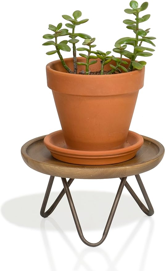 Red Co. 8.75” Dia Round Decorative Wooden Pedestal Plant Stand with Metal Pin Legs, Natural Brown