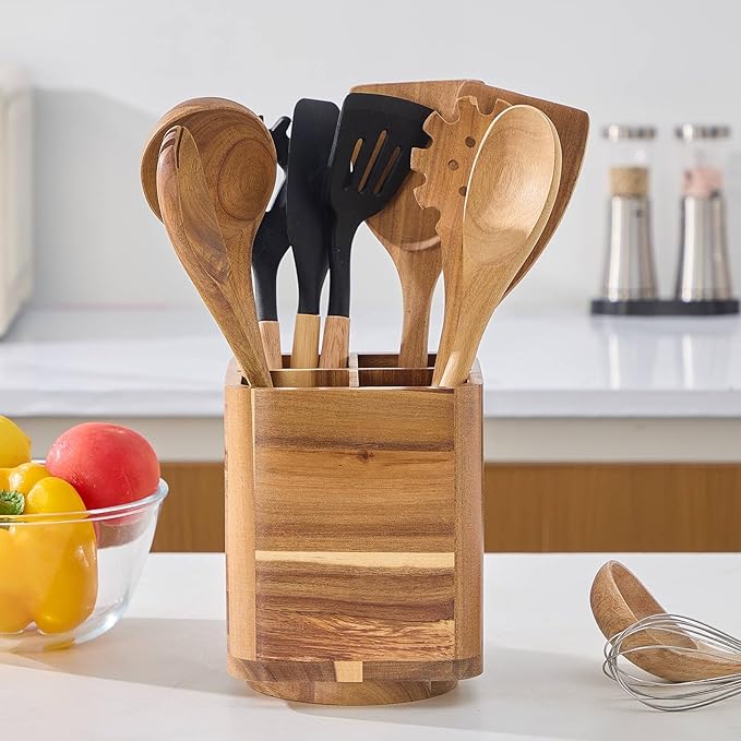 Wood Utensil Holder for Kitchen Counter, 360° Rotating Kitchen Utensil Holder, 7.2"x 6" Large Acacia Cooking Utensil Crock for Countertop (SQUARE)