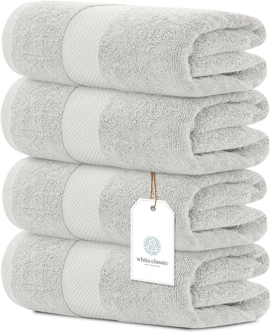 White Classic Luxury Bath Towels Set of 4 Large - 700 GSM Cotton Ultra Soft Bath Towels 27x54 | Highly Absorbent and Quick Dry | Hotel Towels for Bathroom Luxury, Plush Shower Towels, Silver